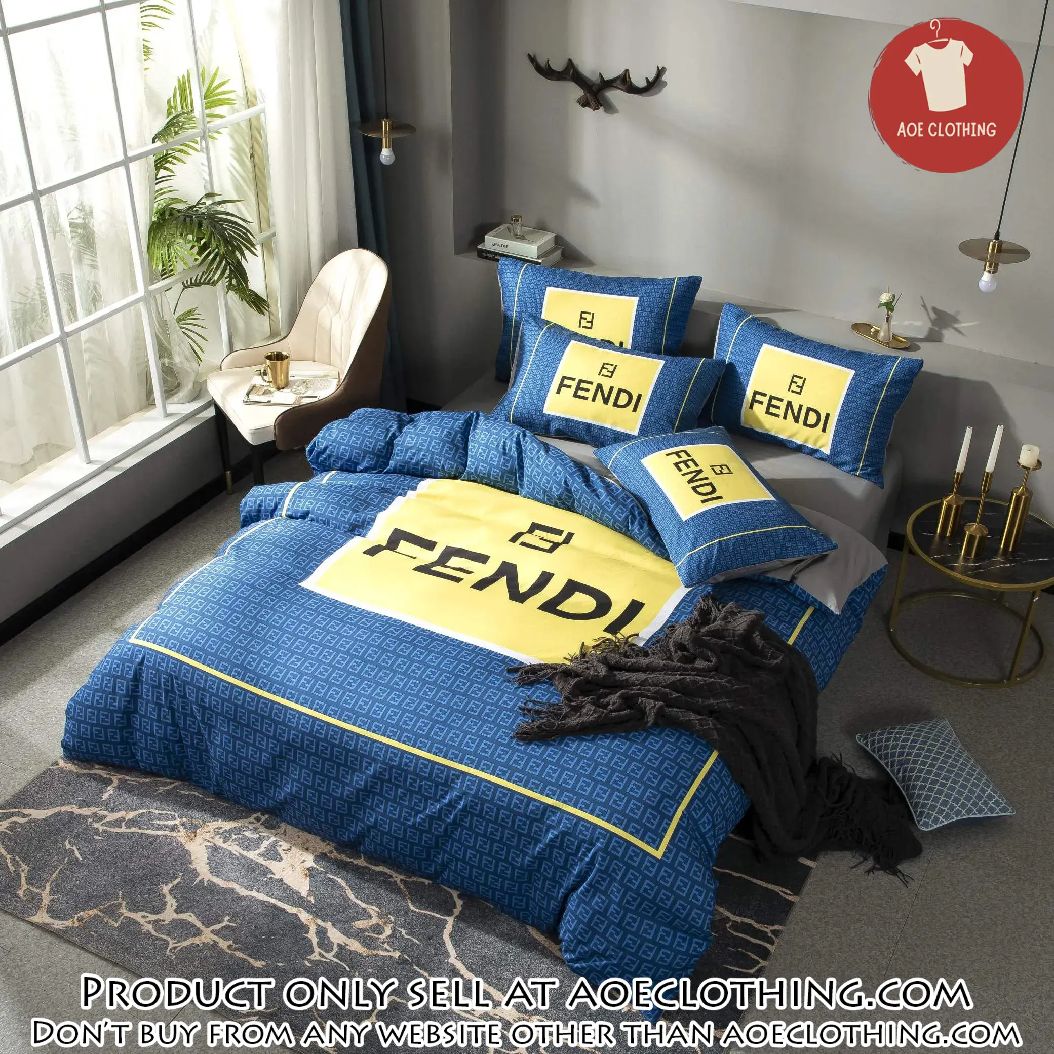 Fendi blue luxury brand premium bedding set bedspread duvet cover set home decor aoe0811837